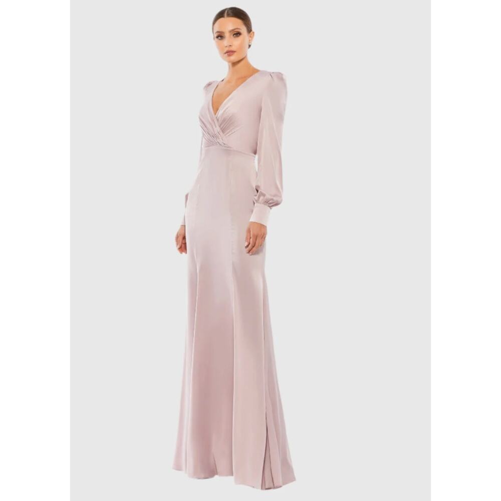 NWT Mac Duggal Pink Raspberry Satin Ruched Bishop Sleeve Gown, 14, 398$ 55365